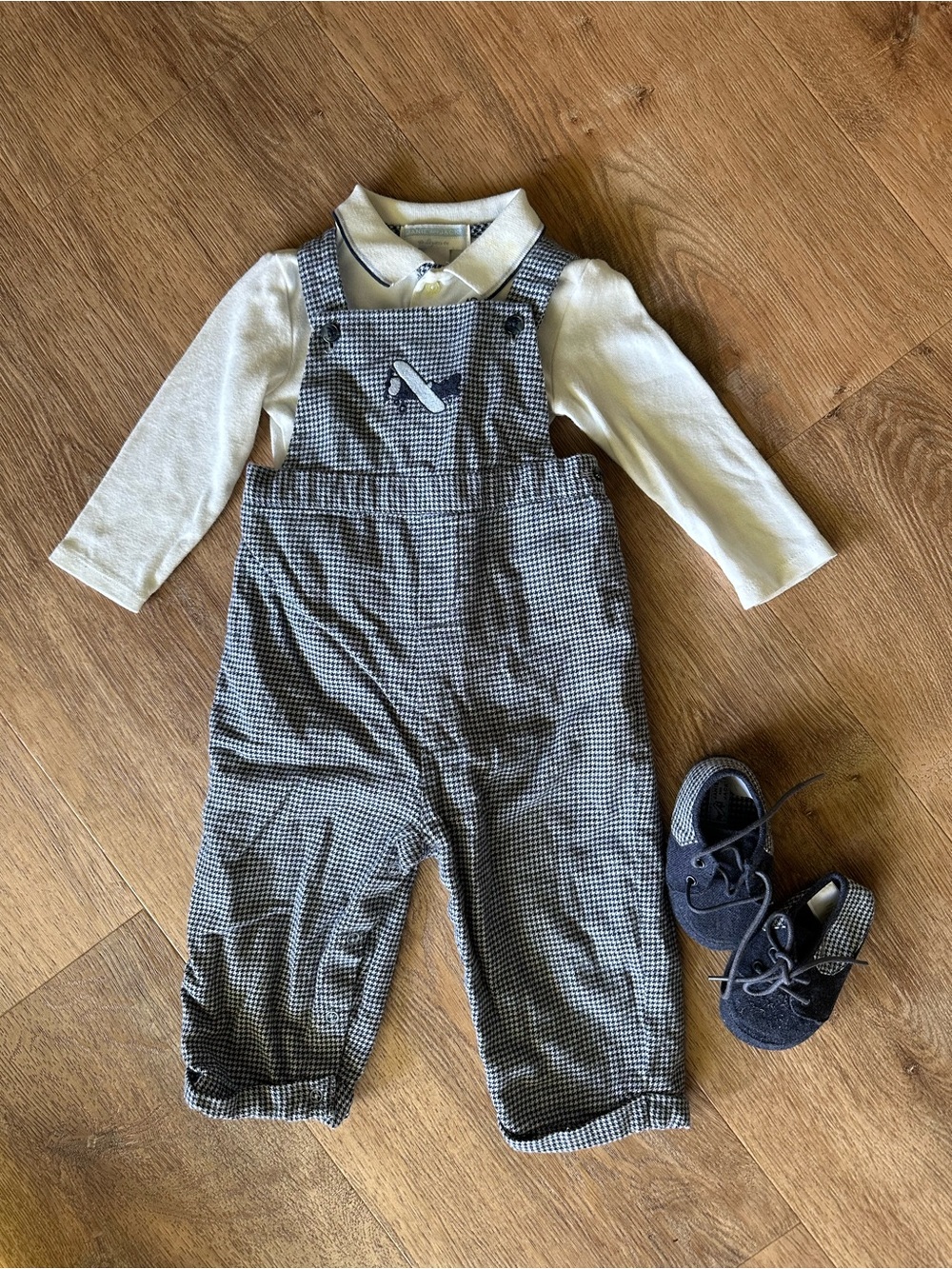 Janie and Jack Baby Boy Houndstooth Airplane Outfit Set + Shoes 6–12M